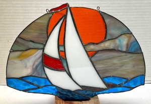 lot 26A image: Sailboat Themed Stained Glass Art with a Wooden Base