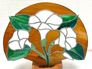 lot 57A image: Floral Stained Glass Art with a Wooden Base