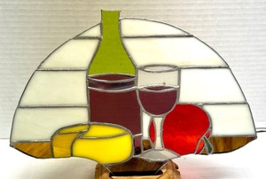 lot 72A image: Wine and Cheese Themed Stained Glass Art with Wooden Stand