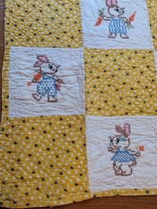 lot 19 image: Vintage Needlepoint Bunnies Baby Quilt