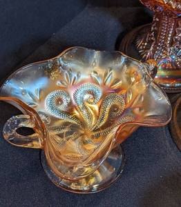 lot 34 image: Assorted Vintage Iridescent Dishes and Candleholders