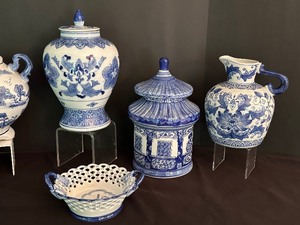 lot 75 image: Six Pieces of Decorative Blue and White Asian Inspired Home Decor Items