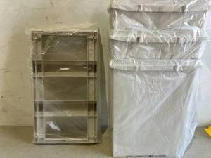 lot 128 image: 3-Bin Recycling Cans on Rolling Tray with Detachable & Press-Open Lids