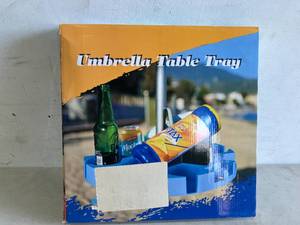 lot 139 image: Keten 17 Beach Umbrella Table Tray with 4 Cup Holders, 4 Snack Compartments, 4 Sunglasses Holes and 4 Phone Slots