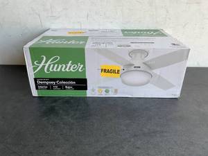 lot 218 image: Hunter Dempsey 44 in. Low Profile LED Indoor Fresh White Ceiling Fan with Universal Remote