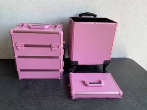 lot 229 image: Train Case Rolling 5-in-1 Pink Portable Professional Makeup Organizer Traveling Case Trolley Cart with Nail Polish Holder