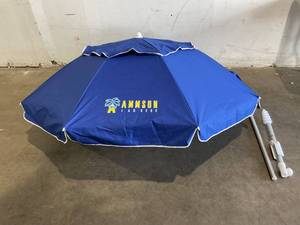 lot 262 image: AMMSUN 6.5ft Twice Folded Portable Windproof Blue Beach Umbrella with Sand Anchor
