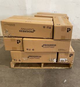 lot 319 image: Wholesale Lot of 17 Progressive Lighting Replay Collection 22 in. 3-Light Brushed Nickel Etched White Glass Modern Bathroom Vanity Light