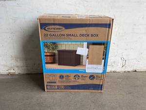 lot 26 image: Suncast 22-Gallon Small Lightweight Brown Resin Outdoor Deck Storage Box