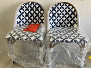 lot 408 image: Noble House Set of Two Louna Bamboo Print Finish Patterned Plastic Outdoor Dining Chair in Blue and White