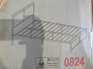 lot 55 image: Vecelo Black Metal Full Size Platform Bed Frame with Rustic Brown Head and Footboards