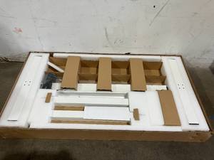 lot 66 image: FLEXISPOT 48 inch White Metal Frame with Grey Wood Grain Top Electric Standing Desk