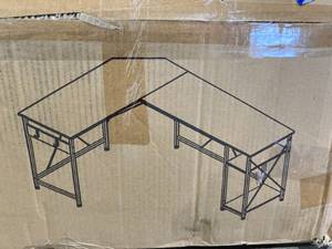 lot 69 image: Coleshome 66 L Shaped Corner ComputerGaming Desk with Black Metal Frame and Vintage Brown Wood Grain Top