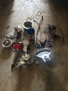 lot 78 image: Huge Parts Lot - Includes the following  Much More - N.O.S bottle with solenoids, 56 Chevy Gague cluster, chrome chevy water pump, MSD HEI Distributor  smaller big chevy