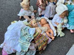 lot 40 image: Lot of Vintage Dolls and Clothing and Childs Chair