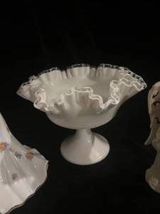 lot 78 image: Milk Glass Bowl, Figurines and Tea CupSaucer
