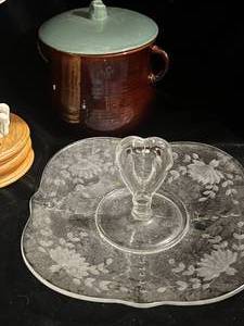 lot 79 image: Etched Glass Serving platter, Covered Bowl and Merry-Go-Round Music Box