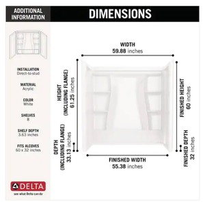 lot 29 image: New Delta Classic 500 60 in. W x 61.25 in. H x 32 in. D 3-Piece Direct-to-Stud Alcove Tub Surrounds in High Gloss White
