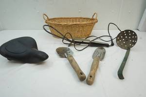 lot 70 image: wicker basket with garden tools