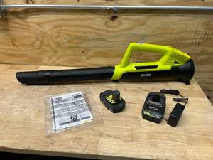 lot 17 image: RYOBI ONE 18V 90 MPH 200 CFM Cordless Battery Leaf BlowerSweeper with 2.0 Ah Battery and Charger