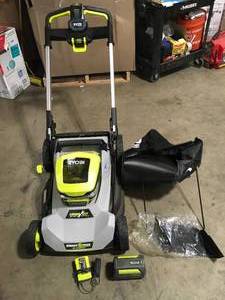 lot 7 image: Ryobi 4V Brushless 21 Dual Blade Smart Trek Mower  Customer Returns See Pictures