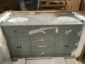lot 19 image: Home Decorators Collection Hamilton 61 in. W x 22 in. D Double Bath Vanity in Gray with Granite Vanity Top in Gray with White Sink Customer Returns See Pictures