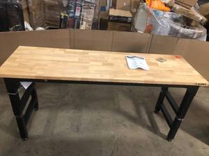 lot 4 image: Husky 6 ft. Adjustable Height Solid Wood Top Workbench in Black for Heavy Duty Welded Steel Garage Storage System   Customer Returns See Pictures