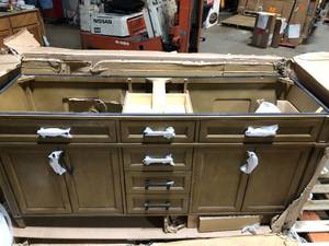 lot 40 image: Home Decorators Collection Caville 72 in. W x 22 in. D x 34.50 in. H Bath Vanity in Almond Latte with Carrara Marble Top Damaged   Customer Returns See Pictures