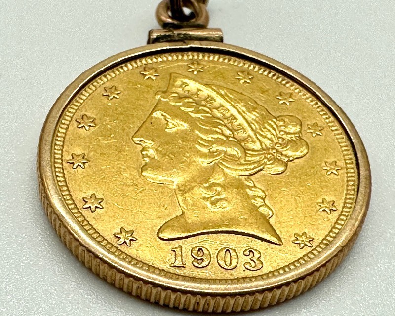 lot 3A image: 1903 Five Dollar Gold Coin (Turned into a Pendant)