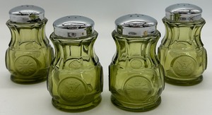 lot 264 image: Vintage 1960s Fostoria Coin Glass Olive Green Salt & Pepper Shakers with Chrome Lids