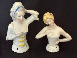 lot 406 image: Two Vintage German Porcelain Half Dolls  Pincushion Dolls