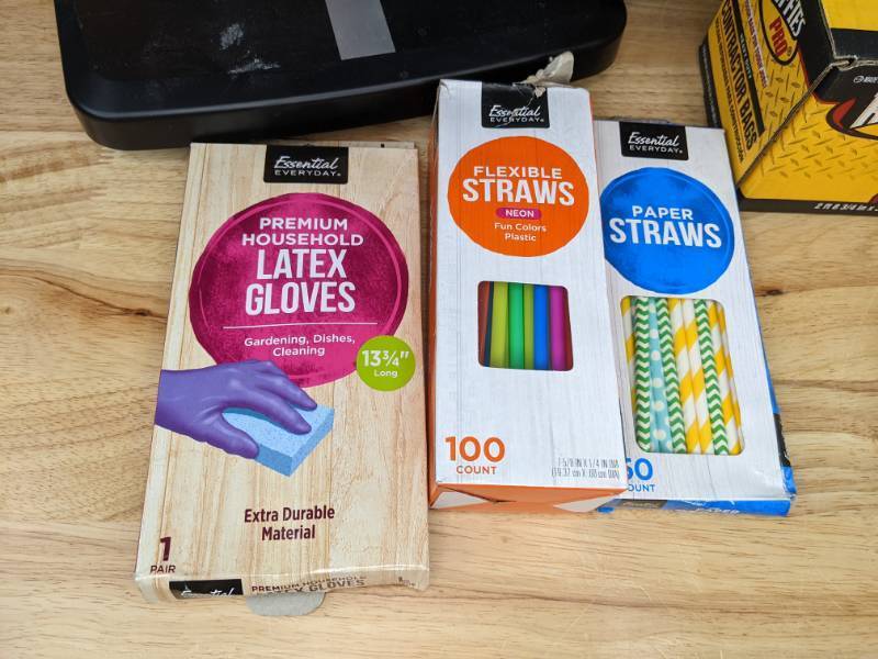 lot 203 image: Essential Everyday Latest Gloves & Straws, Ruffies Pro Contractor Bags, PVA Colling Towel, Life Source Digital Blood Pressure Monitor, Disposable Gloves, & More N