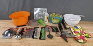lot 121 image: NEW Kitchen Items Cake Server, Paring Knives, Crofton Spring Cookie Cutters, Hand-Held Juicer, Grill Spatula and Tongs, and Much More K