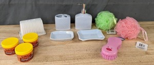 lot 116 image: NEW Assorted of Bathroom Accessories Softee Manago Butter, Dove Face Care Cleaning Pillows, Liquid Soap Dispenser, & More K