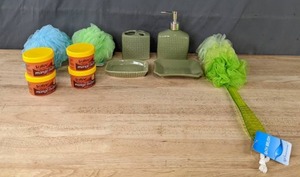 lot 131 image: NEW Bath Items Loofas, Ceramic Bathroom Set, and Softee Daily Hair Dress K