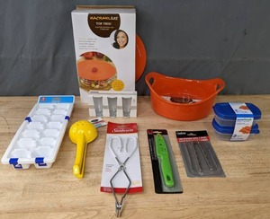 lot 106 image: NEW Assorted Kitchen Accessories and Gadgets Rachael Ray 1.5 Quart Round Baker, Sunbeam Serving Tongs, Paring Knife, Shot Glasses, & More K