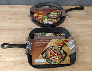 lot 111 image: NEW Crofton Cast Iron Comal & Cast Iron Grill Pan K