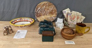 lot 129 image: NEW Decorative Kitchen Items Avon Serving Bowl, Wooden Kuksa Cup, Cat Creamer Pitcher, Butter Dishes and More K