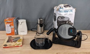 lot 139 image: Small Kitchen Appliances Waffle Maker, Coffee Grinder, Can Opener and Cake Decorator Tool K