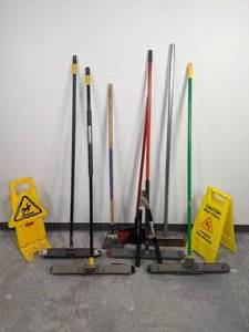 lot 150 image: Assorted Push Brooms, Shears, Caution Wet Floor Signs, and more G