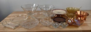 lot 156 image: Assortment of Clear Glass Dishes, Salad Bowls, Candle Holders, Amber Glass Bowl, Carnival Glass Dish, Etc. K