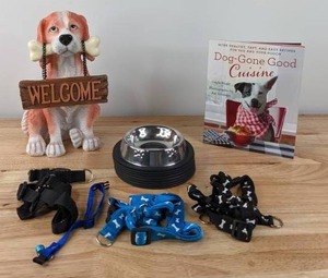 lot 163 image: NEW Welcome Dog Garden Ornament, (8) Pet Dish Dog Bowls, Dog-Gone Good Cuisine Recipes for You and Your Pooch, Dog Collars, Etc. K