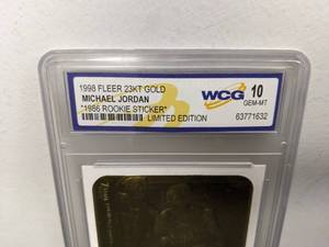 lot 39A image: 1998 Fleer 23KT Gold Michael Jordan WCG 10 Graded 1986 Rookie Sticker Numbered Limited Edition NBA Chicago Bulls V