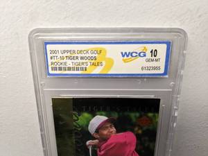 lot 38A image: WCG Graded 10 Tiger Woods 2001 Upper Deck Golf Rookie Tigers Tales Card #TT10 V