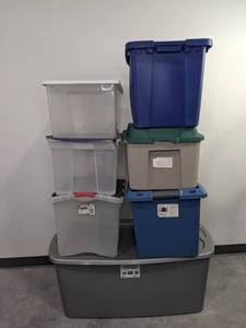 lot 74 image: Sterilite, Brightroom, and Brand Storage Tote with Lids (7) N