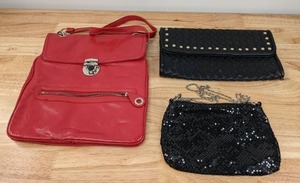 lot 180 image: Lot of 3 Handbags Black Sequins Clutch, Red Crossbody, Black Textured Clutch K