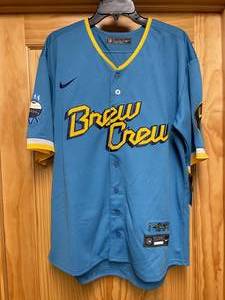 lot 17 image: Brand New Custom 0 DAYS SOBER Milwaukee Brewers MLB Nike Baseball Brew Crew Jersey Mens Size Large I