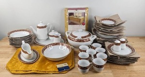 lot 153 image: NEW 50 Piece Royalvienna China Dishware Set Home Collection Placemats, Huntington Home Tablecloth with Napkin Set K