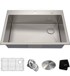 lot 7 image: Brand New KRAUS 33 x 22 inch Drop-In Top Mount Standart PRO Single Bowl 2-Hole Stainless Steel Kitchen Sink Set  T
