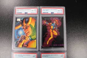 lot 144 image: Marvel Masterpieces 1994 Loki #68 PSA 8 - 1993 Jean Grey #75 PSA 8 - 1992 Shatterstar #74 PSA 9 - 1992 Magneto #49 PSA 9
